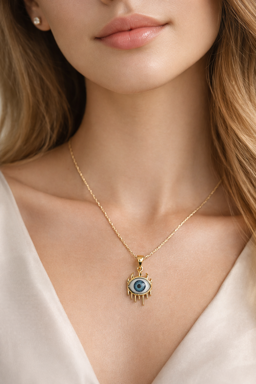 Cadena estilo cordón chapada en oro de 14k de Didiray con colgante en forma de ojo en 3D, revestimiento metálico duradero y diseño moderno para uso diario.