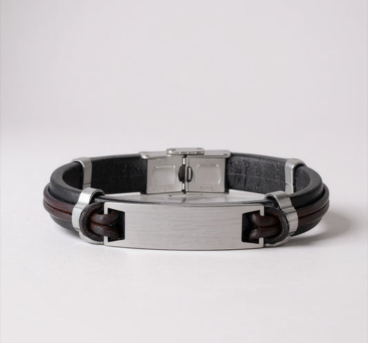 Pulsera de Cuero Para Hombres , Con Logotipo Grabado de Letras Gratis , Pulsera Sencilla de Acero Inoxidable