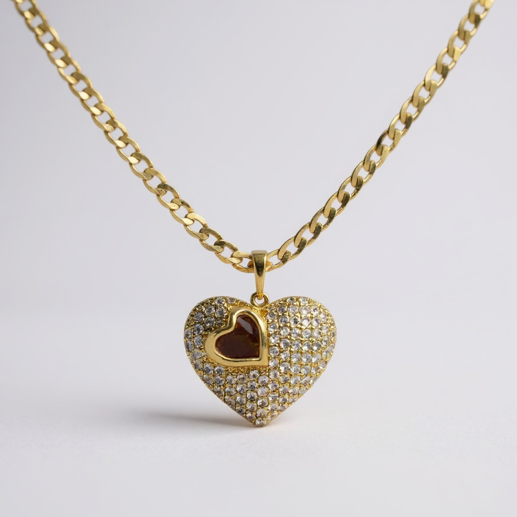 Cadena de eslabones cubanos Didiray Jewelry con colgante de corazón calado, hipoalergénica, chapada en oro de 14 quilates, acabado de lujo de alta calidad para uso diario.